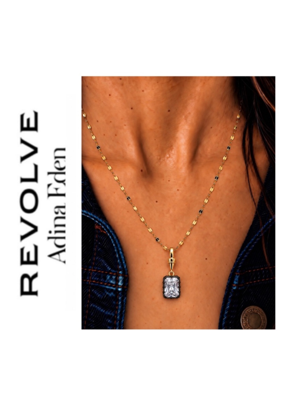 Revolve x Adina Eden Georgian Rectangle Black Rhodium CZ Pendant Necklace